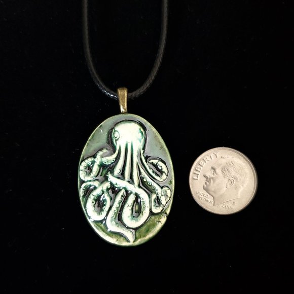 Handmade Ceramic Bottle Green Octopus Kraken Pendant Necklace - Picture 6 of 11